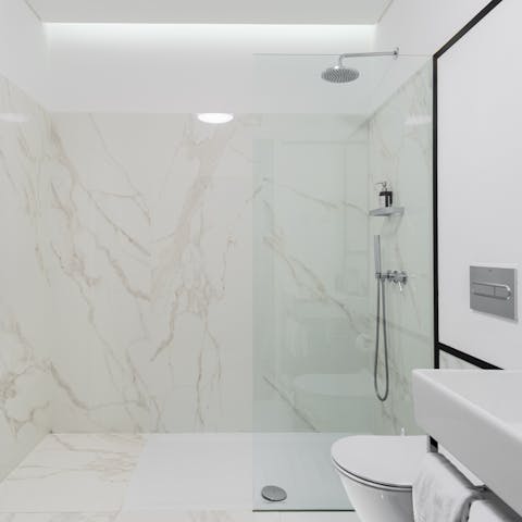 The marble-clad bathroom