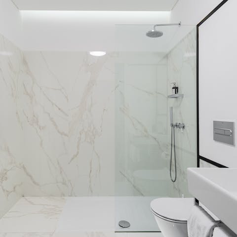 The marble-clad bathroom