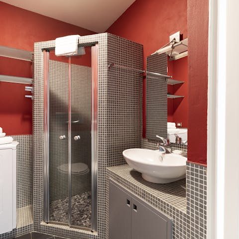 The tiled shower cubicle