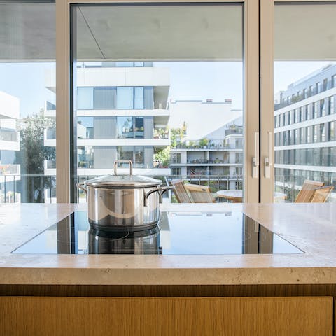 The kitchen overlooking a courtyard