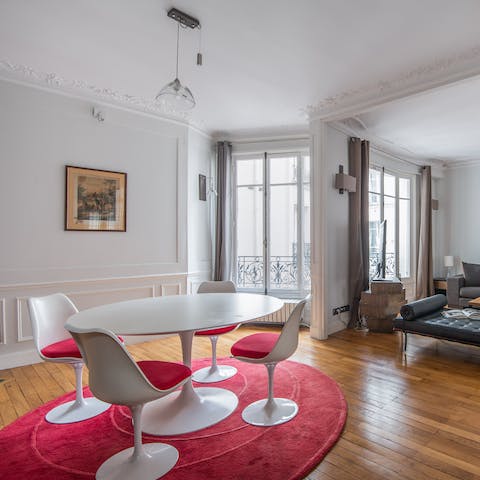 Enjoy croissants and coffee as light filters through the large windows