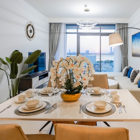 Enjoy a celebratory meal at the elegant dining table