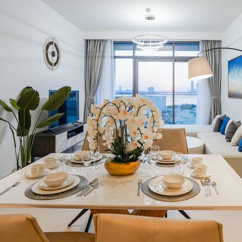 Enjoy a celebratory meal at the elegant dining table