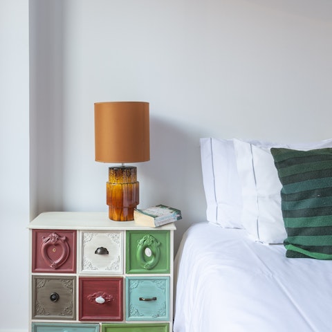 A patchwork bedside table