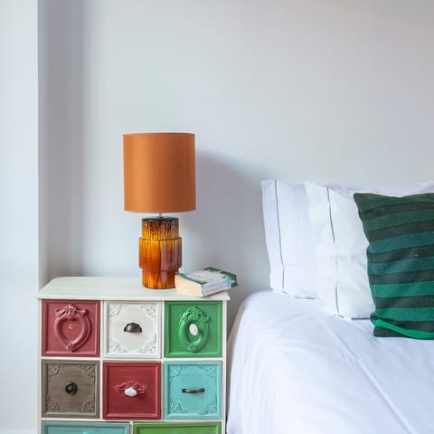 A patchwork bedside table