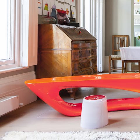 The bright orange bench