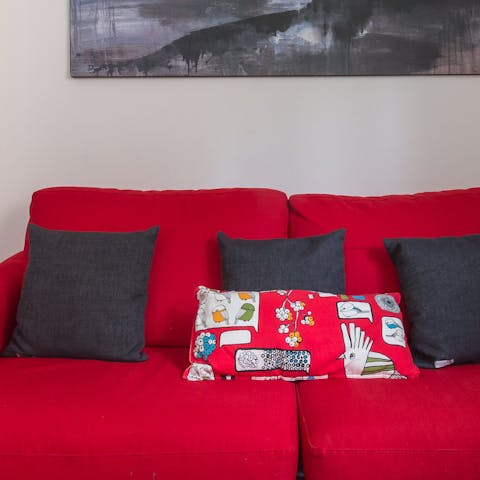 The bright red sofa