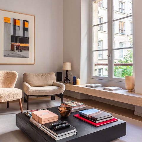 Airy living space with tall windows