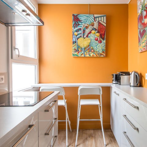 Prepare breakfast in the bright and bubbly kitchen