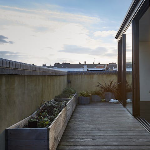 Watch the sun setting over East London from the apartment's rooftop terrace