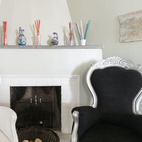 A built-in fireplace