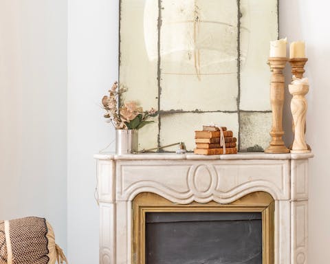 The ornate fireplace