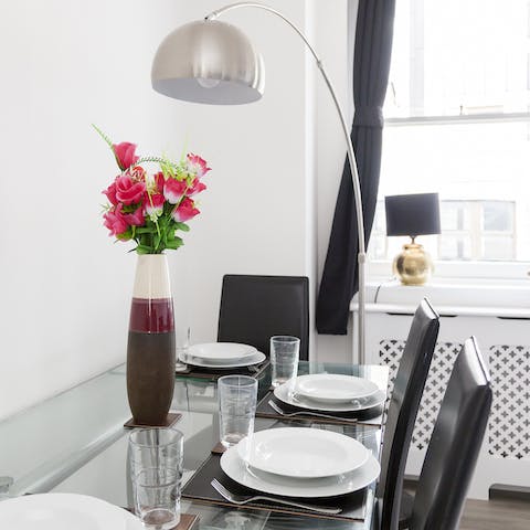 Enjoy a good breakfast at the glass dining table before visiting London's attractions