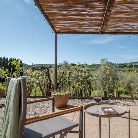 Enjoy a glass of Chianti wine with vineyard views