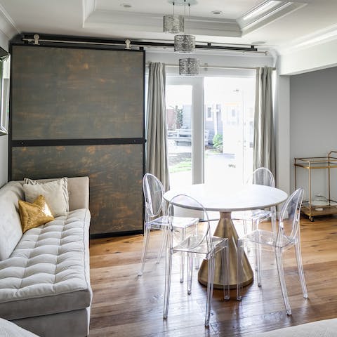 Enjoy the minimalist decor and natural woods of the home