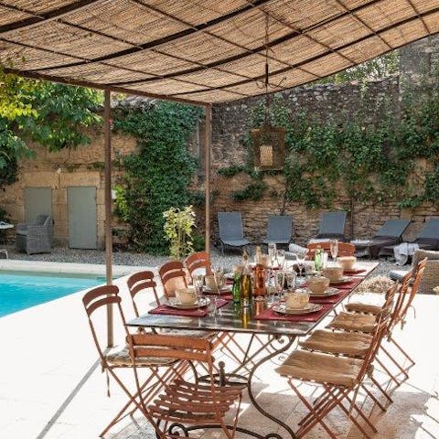 Dine alfresco at the mediterranean style outdoor seating area