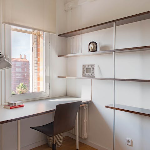 Try penning a few poems at the bright workspace in this bedroom
