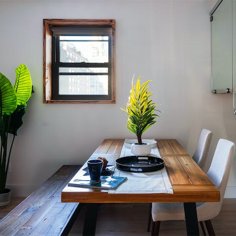 Enjoy a New York style brunch at the rustic dining table