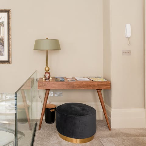 Catch up on work at the upstairs desk space