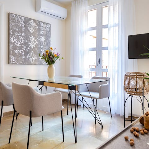 Start the day with coffee and pastries next to the open French door