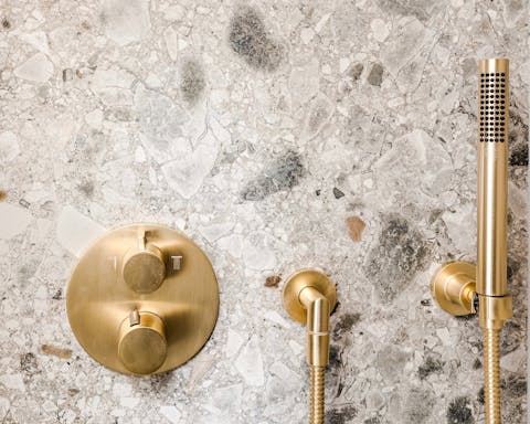 A terrazzo-clad bathroom