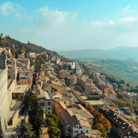 Explore the mountainous San Marino, a forty-five minute drive away