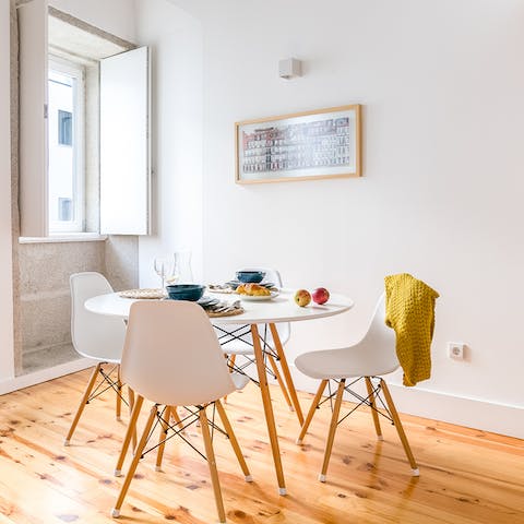 Start the day with coffee and eggs in the bright dining area