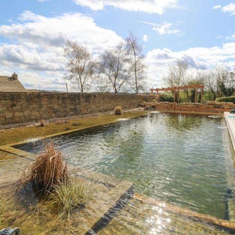 Dive into the wild swimming pool or unwind in the hot tub and sauna