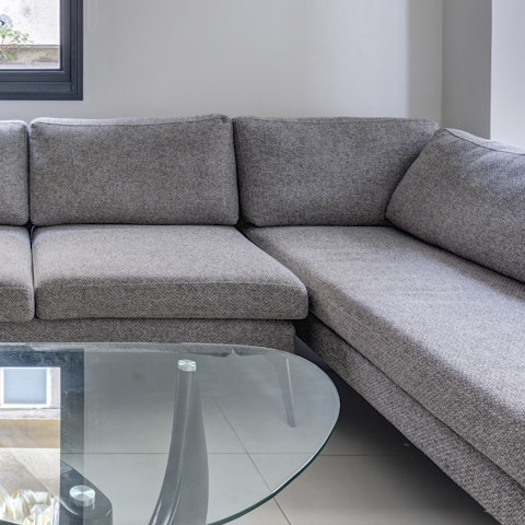 A comfortable grey sofa