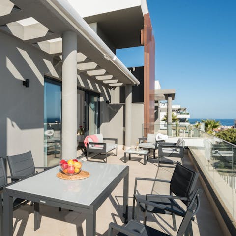 Sit out on the private balcony with sea views and alfresco gazpacho