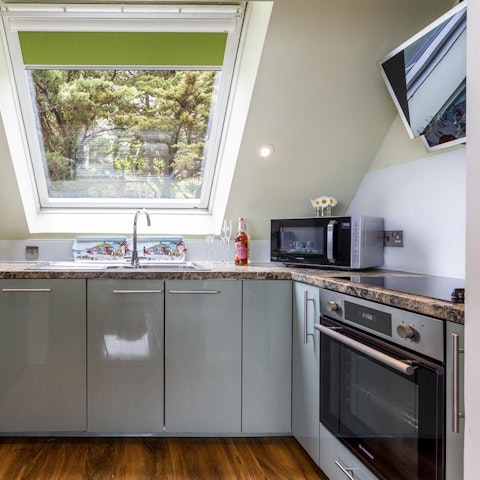 Whip up breakfast in the neat kitchen