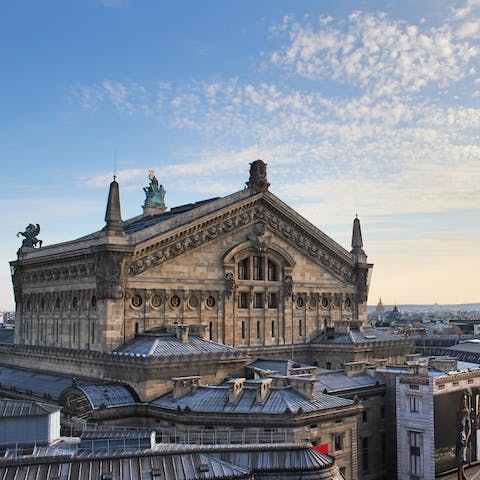 Visit the beautiful Opéra Garnier, ten minutes away on foot
