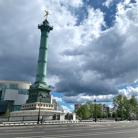 Visit the historic Place de la Bastille, a ten-minute walk away