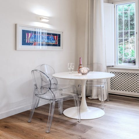 Enjoy a celebratory meal in the elegant dining area and kitchen