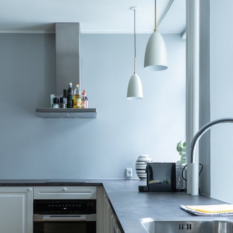 Try your hand at cooking Nordic cuisine in the sleek kitchen