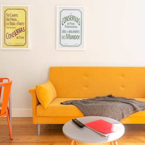 The brightly coloured sofa