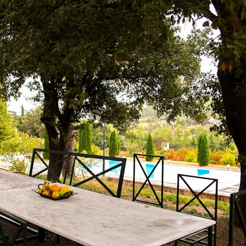 Dig into a home-cooked meal alfresco under the clear blue skies and canopies of trees