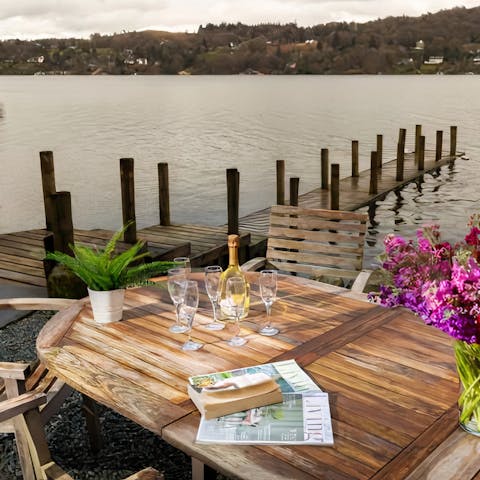Get together for evening drinks overlooking the lake