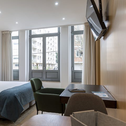 Catch up on work and fire off emails from the sleek desk space