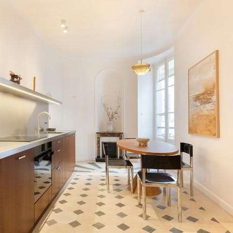 Whip up French dishes in the stylish kitchen