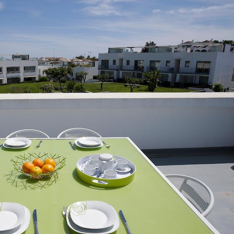 Head up to the rooftop terrace for an alfresco meal with your fellow guests