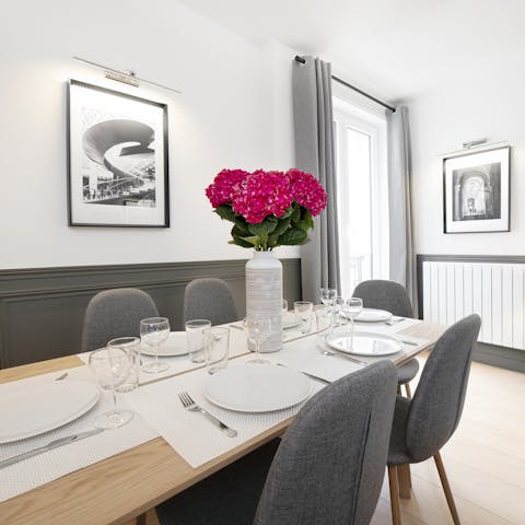 Spend an evening over French wine and cheese at the elegant dining table