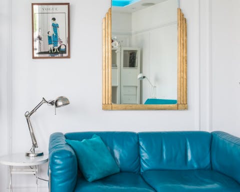 The leather blue sofa