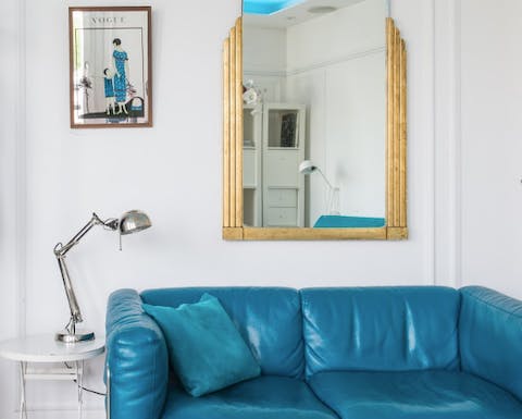 The leather blue sofa