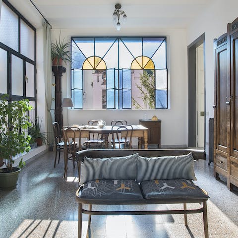 Admire the fabulous frosted and stained glass windows