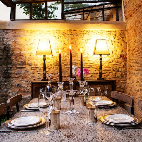 Dine in dramatic surroundings in the shaded terrace area