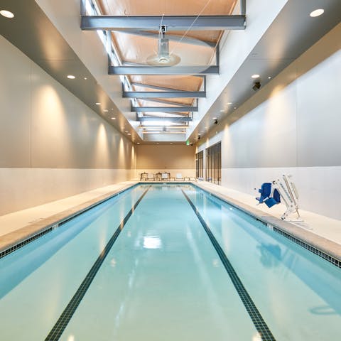 Swim laps in the indoor pool, whatever the weather