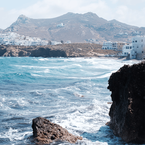 Dip into the the big blue at Plaka Beach, only a seven-minute walk