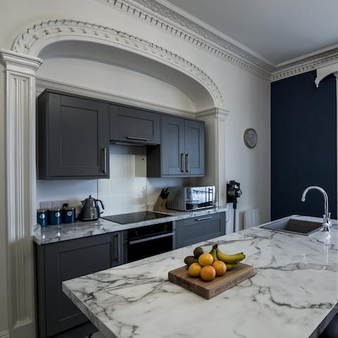 Enjoy a kitchen that fits into the old features of the home
