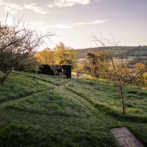 Stroll through an acre of gardens with views across the Devon countryside